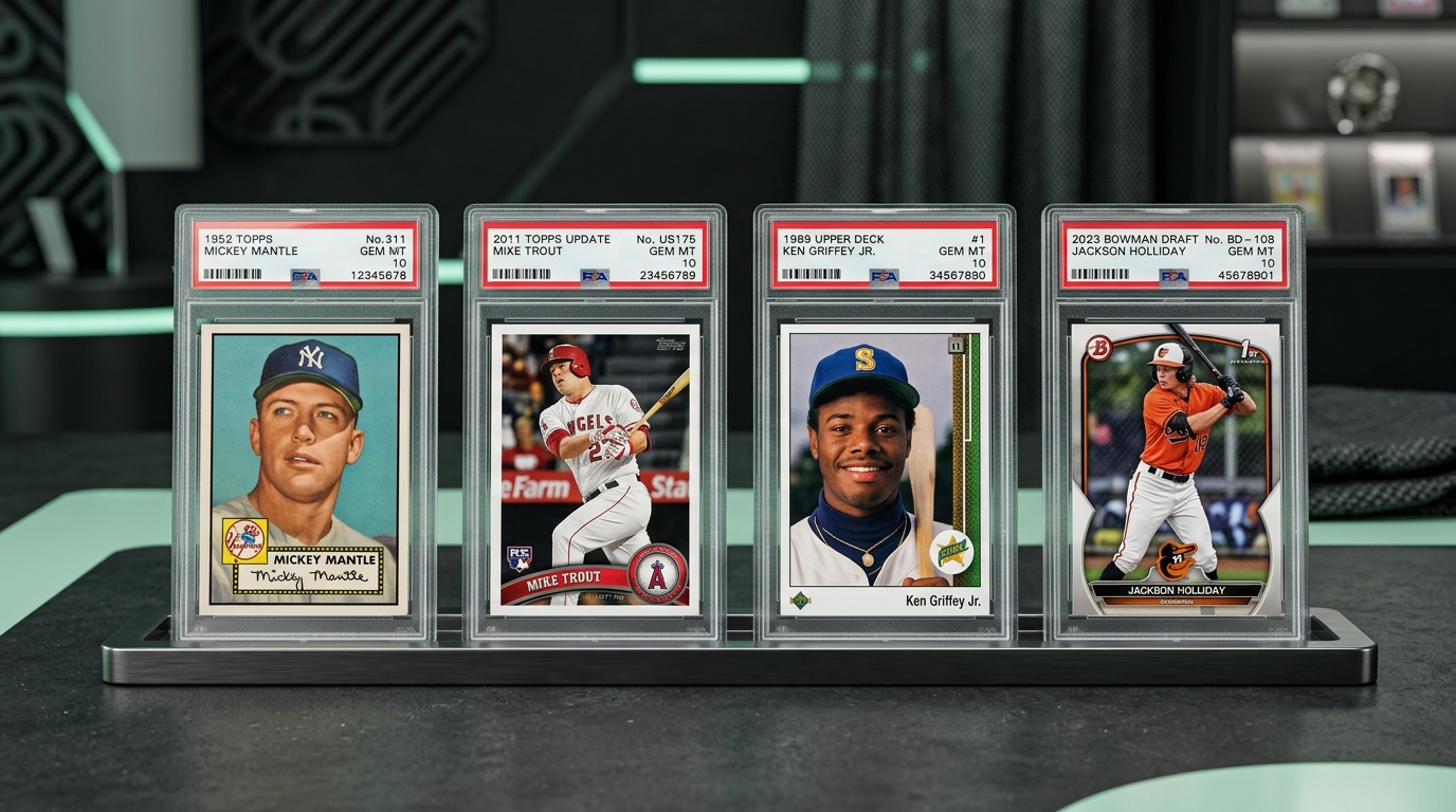 Four high-grade baseball cards in professional grading slabs displayed in a row on a modern dark metallic stand with mint green accent lighting