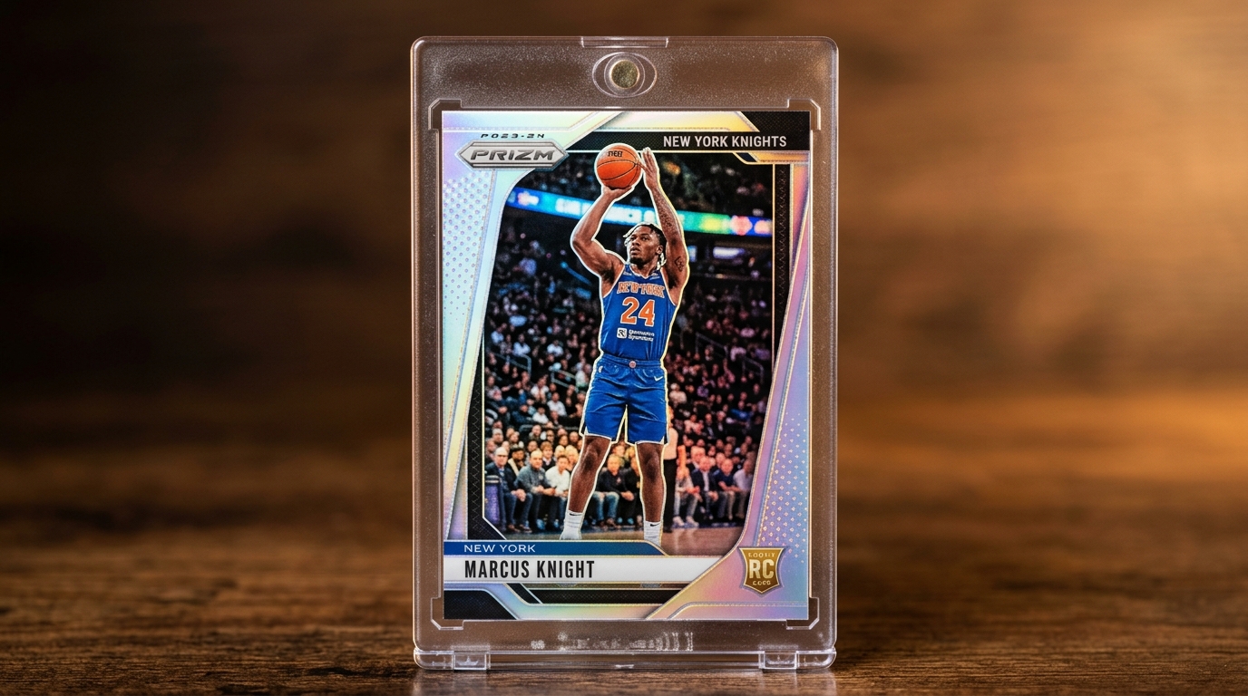 Modern rookie basketball card in a protective case showing the official RC shield logo